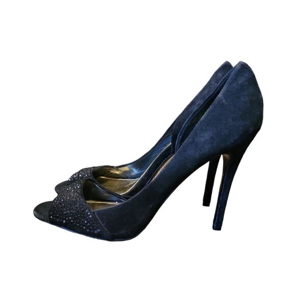 Coach Women’s Black Suede Heels Stilettos Peep Toe Black Rhinestones Sparkle 10 - Picture 4 of 12